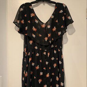 XL Tacera Dress: Black with Peach Floral Pattern, Midi, Empire Waist & Sheer Top